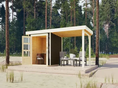 Gartenhaus Askola 2 19 mm terragrau inkl. 2,8 m Anbaudach Produktbild #1