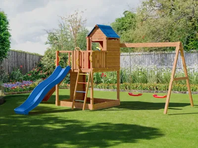 Spielturm Treehouse teakfarben inkl. Doppelschaukel + Rutsche Produktbild #6