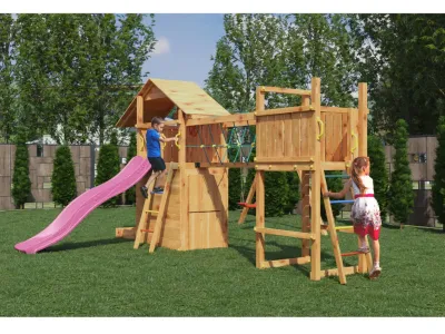 Spielturm Smart 7 Bridge teakfarben inkl. Rutsche pink Produktbild #2
