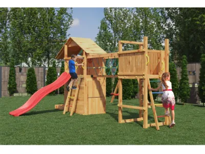 Spielturm Smart 7 Bridge teakfarben inkl. Rutsche rot Produktbild #3