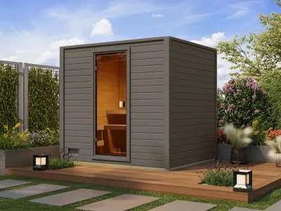 Gartensauna Lenchen 3 terragrau mit bronzierter Ganzglastür Produktbild #1
