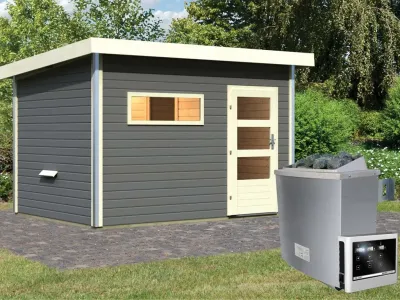 Saunahaus Skrollan 2 Grau mit Klarglastür & Vorraum, inkl. 9 kW Saunaofen mit externer Steuerung Produktbild #3