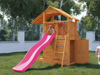 Spielturm Smart 7 teakfarben inkl. Rutsche pink Produktbild #2