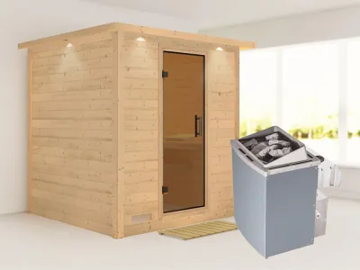 Massivholzsauna Mojave mit Dachkranz, graphit Ganzglastür, inkl. 9 kW Ofen integr. Steuerung Produktbild #1