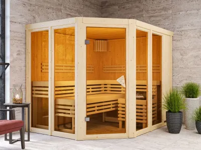 Sauna Ainur mit bronzierter Glastür + 9 kW Saunaofen integr. Strg. Produktbild #1