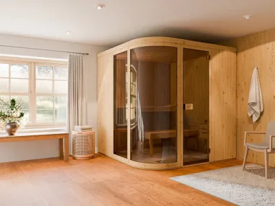 Elementsauna Sarah 1 mit Ganzglastür und Bogenfenster Produktbild #1