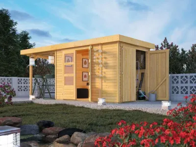Gartenhaus SET Retola 3 19 mm naturbelassen, inkl. 2,4 m Anbaudach + Anbauschrank Produktbild #1
