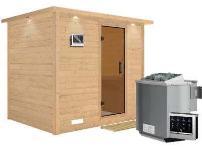 Massivholzsauna Sonara mit Dachkranz, graphit Ganzglastür, inkl. 9 kW Bio-Kombiofen ext. Steuerung Produktbild #3