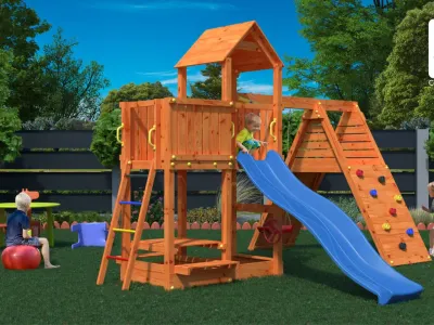 Spielturm Fluppi teakfarben inkl. Einzelschaukel + Rutsche Produktbild #1