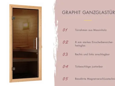Massivholzsauna Sonara mit Dachkranz graphit Ganzglastür Produktbild #8
