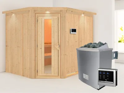 Systemsauna Malin mit Dachkranz, Holztür mit Isolierglas, inkl. 9 kW Saunaofen ext. Steuerung Produktbild #1