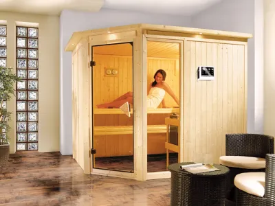 Sauna Systemsauna Fiona 3 mit Dachkranz, inkl. 9 kW Bio-Kombiofen ext. Steuerung Produktbild #1