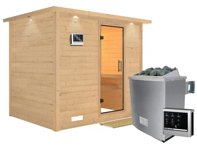 Sauna Massivholzsauna Sonara mit Dachkranz, Klarglas Ganzglastür + 9 kW Saunaofen mit ext. Strg Produktbild #2