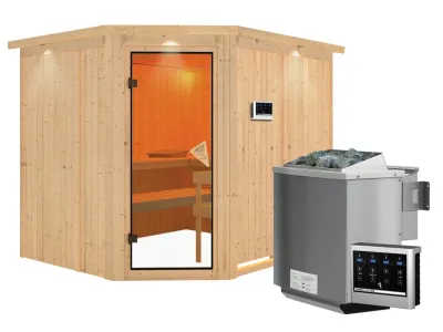 Systemsauna Malin mit Dachkranz, bronzierte Ganzglastür, inkl. 9 kW Bio-Kombiofen ext. Steuerung Produktbild #4