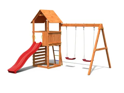 Spielturm Bento A teakfarben inkl. Rutsche rot Produktbild #2