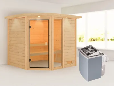 Sauna Tabea mit bronzierter Glastür und Dachkranz + 9 kW Saunaofen integr. Strg. Produktbild #2