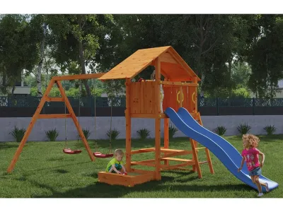 Spielturm Smart 1 teakfarben inkl. Rutsche blau Produktbild #1