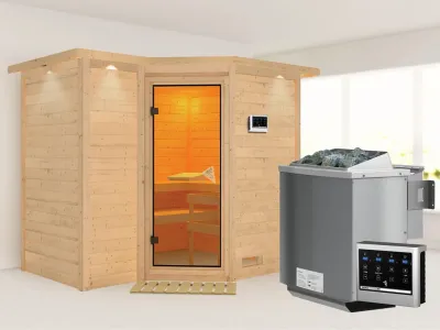 Massivholzsauna Sahib 2 mit Dachkranz, bronzierte Ganzglastür, inkl. 9 kW Bio-Ofen ext. Steuerung Produktbild #9