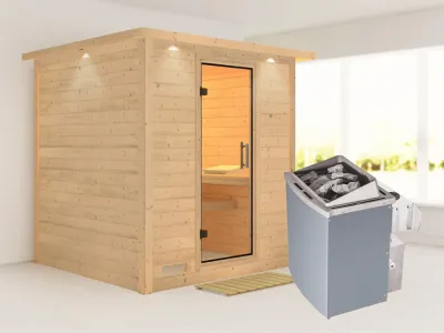 Sauna Massivholzsauna Mojave mit Dachkranz, Klarglas Ganzglastür + 9 kW Saunaofen mit Steuerung Produktbild #1