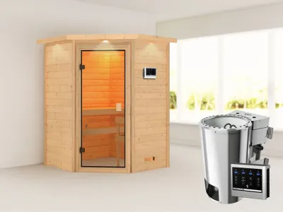 Sauna Antonia mit bronzierter Glastür und Dachkranz + 3,6 kW Plug & Play Bio-Ofen ext. Strg. Produktbild #1