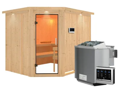Sauna Systemsauna Malin mit Dachkranz, Klarglas Ganzglastür + 9 kW Bio-Kombiofen mit ext. Strg Produktbild #3