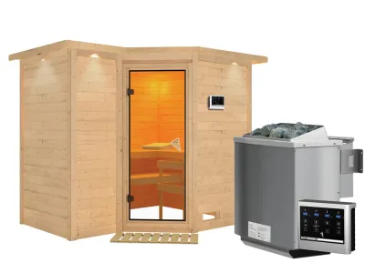 Massivholzsauna Sahib 2 mit Dachkranz, bronzierte Ganzglastür, inkl. 9 kW Bio-Ofen ext. Steuerung Produktbild #4