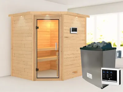 Sauna Massivholzsauna Mia mit Dachkranz, inkl. 9 kW Ofen mit externer Steuerung Produktbild #1