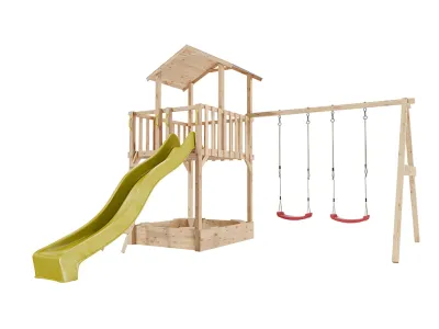 Spielturm Tilly Premium mit Doppelschaukel Lärche inkl. Rutsche gelb + Sitze rot Produktbild #4