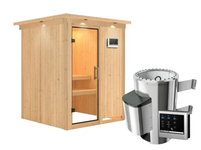 Sauna Systemsauna Minja mit Dachkranz, Klarglas Ganzglastür + Plug & Play Saunaofen mit ext. Strg Produktbild #4