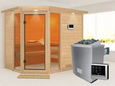 Sauna Massivholzsauna Sinai 3 mit Dachkranz, inkl. 9 kW Saunaofen ext. Steuerung Produktbild #1