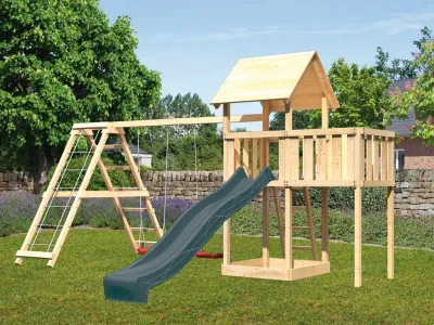 Spielturm Set Lotti naturbelassen inkl. Rutsche anthrazit + Doppelschaukelanbau Klettergerüst Produktbild #1