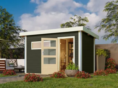 Saunahaus Skrollan 1 mit Klarglastür, inkl. 9 kW Bio-Ofen mit externer Steuerung Produktbild #1