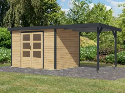 Gartenhaus Jupiter 4 19 mm naturbelassen - anthrazit mit Anbaudach 2,35 m breit Produktbild #2