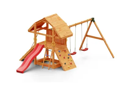 Spielturm Buffalo teakfarben inkl. Doppelschaukel + Rutsche rot Produktbild #4