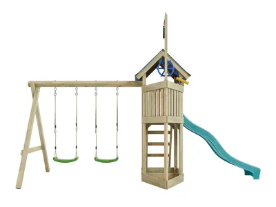Spielturm Pirat Captain Jolly KDI mit Doppelschaukel inkl. Rutsche türkis + Sitz grün Produktbild #3