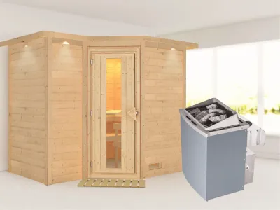 Massivholzsauna Sahib 2 mit Dachkranz, Holztür mit Isolierglas, inkl. 9 kW Ofen integr. Steuerung Produktbild #1