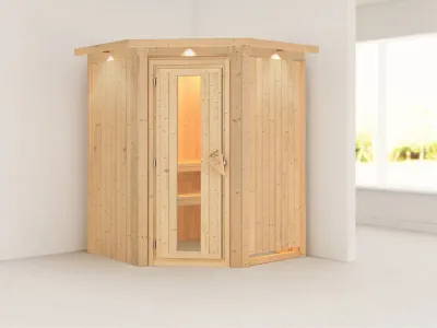 Sauna Systemsauna Nanja mit Dachkranz, Energiespartür Produktbild #1