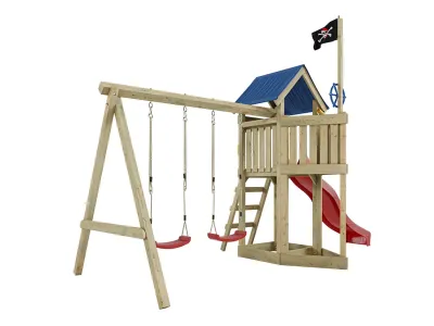 Spielturm Pirat Captain Jolly KDI mit Doppelschaukel inkl. Rutsche rot + Sitze rot Produktbild #4