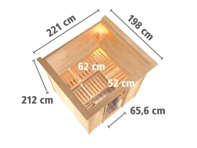 Massivholzsauna Mojave mit Dachkranz, Holztür mit Isolierglas inkl. 9 kW Bio-Ofen ext. Steuerung Produktbild #8