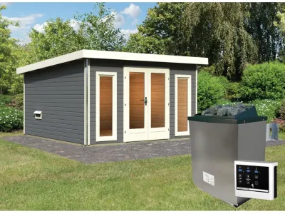 Saunahaus Mainburg 3 terragrau 38 mm inkl. klassischer Saunaofen 9 kW + ext. Steuerung Produktbild #1