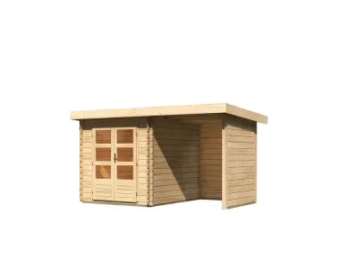 Gartenhaus Blockbohlenhaus SET Bastrup 4 28 mm naturbelassen, inkl. 2 m Anbaudach + Seiten-/Rückwand Produktbild #1