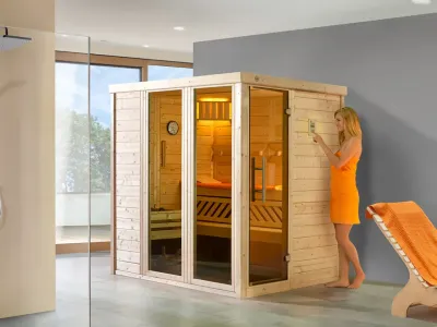 Sauna Massivholz-Elementsauna Kemi Panorama 1 inkl. Saunaofen OS 7,5 kW + externer Steuerung Produktbild #1
