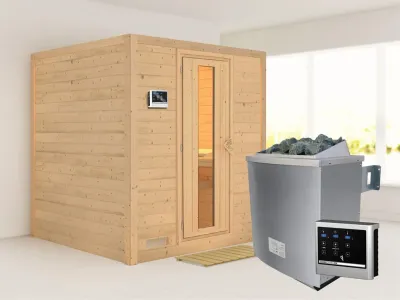 Massivholzsauna Mojave Holztür mit Isolierglas, inkl. 9 kW Ofen ext. Steuerung Produktbild #1
