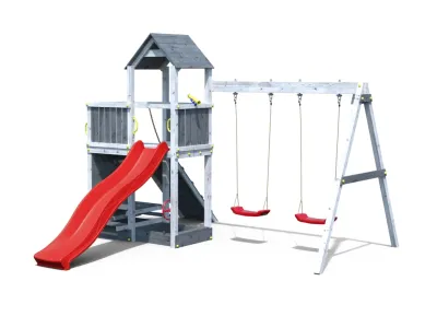 Spielturm Floppi grau-weiß inkl. Doppelschaukel + Rutsche rot Produktbild #4
