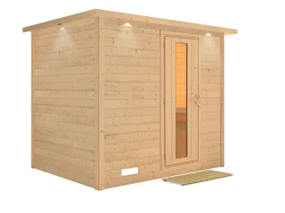 Massivholzsauna Sonara mit Dachkranz, Holztür mit Isolierglas Produktbild #6