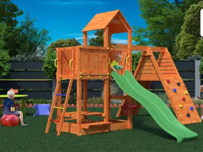 Spielturm Fluppi teakfarben inkl. Einzelschaukel + Rutsche Produktbild #1