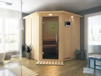Systemsauna Jarin mit Dachkranz, graphit Ganzglastür, inkl. 9 kW Bio-Kombiofen ext. Steuerung Produktbild #1