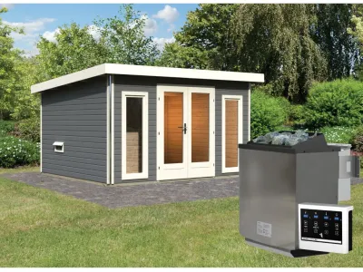 Saunahaus Mainburg 2 terragrau 38 mm inkl. Bio-Kombiofen 9 kW + ext. Steuerung Produktbild #1