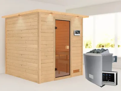Sauna Jara mit bronzierter Glastür und Dachkranz + 9 kW Saunaofen ext. Strg. Produktbild #1