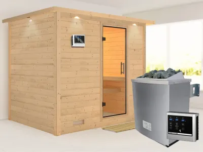 Sauna Massivholzsauna Sonara mit Dachkranz, Klarglas Ganzglastür + 9 kW Saunaofen mit ext. Strg Produktbild #1